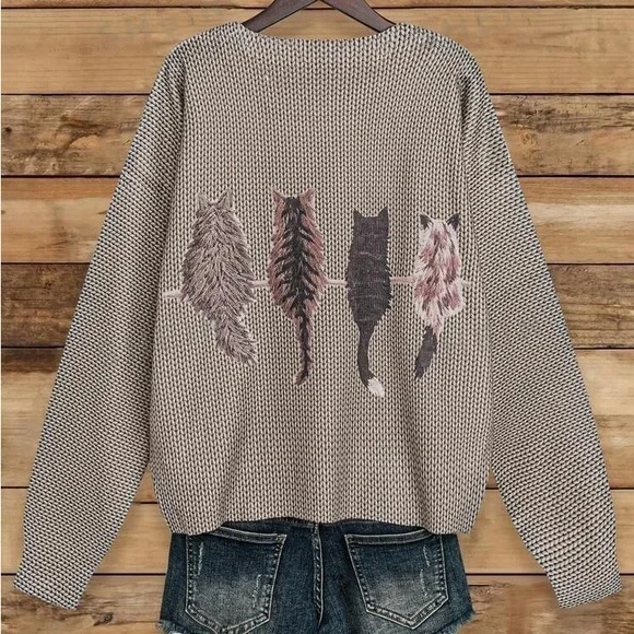 Cat Pattern Round Neck Long Sleeve Casual Pullover Sweater, Autumn/Winter - Picture 1 of 4